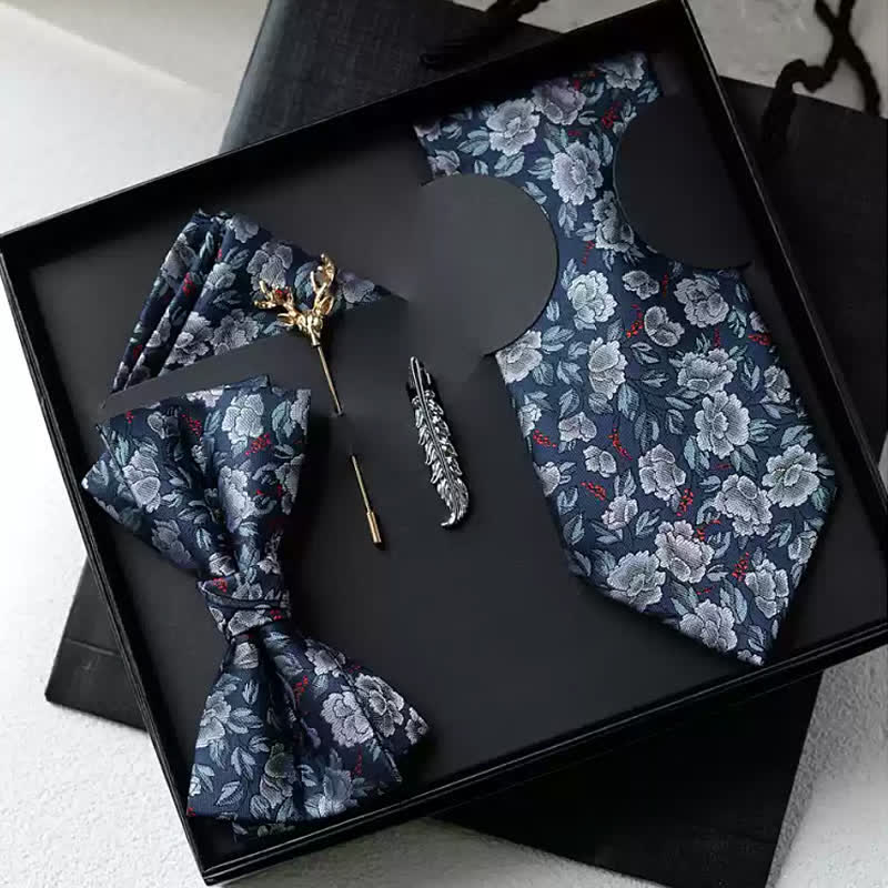 5 Stück Männer Navy & Graue Rose Blumenfliegen Geschenkbox
