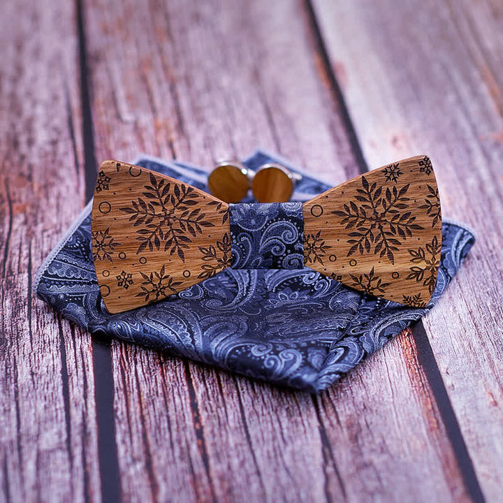 3-teiliges Herren-Fliegenset aus Holz mit Winter-Schneeflocken-Print