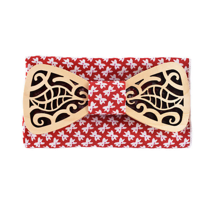 2-teiliges Herren-Fliege-Set aus Holz mit durchbrochenen geschnitzten Blättern