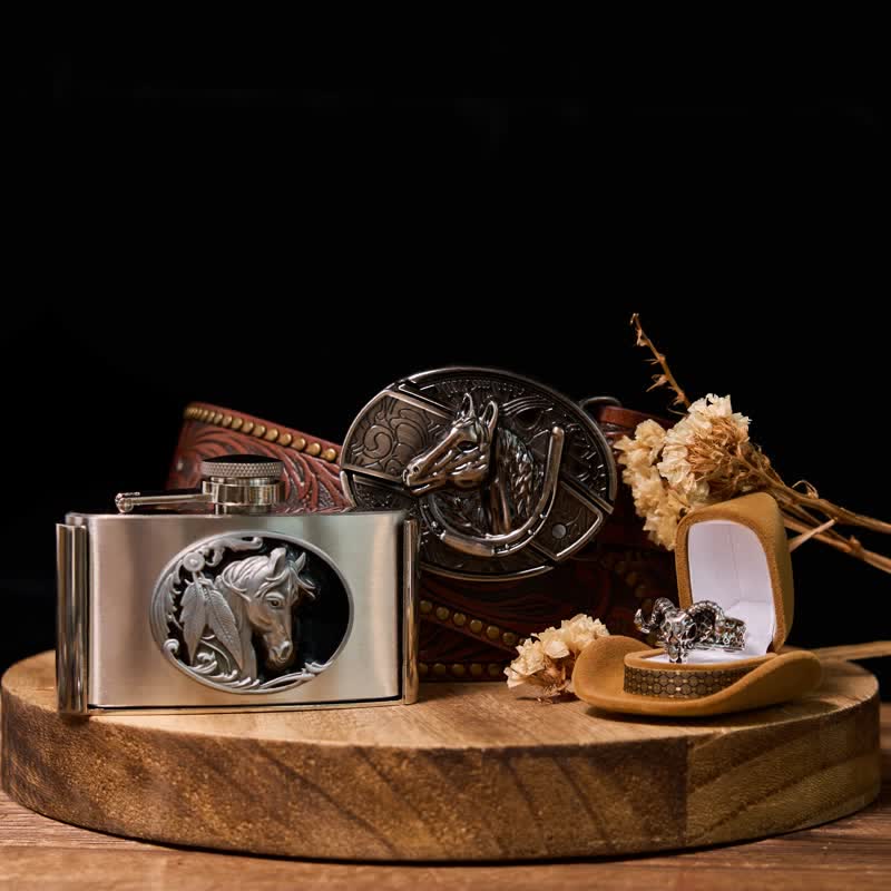 Pferd DIY Verstecktes Messer Gürtelschnalle 3oz. Flachmannschnalle Ziegenring Bundle Set