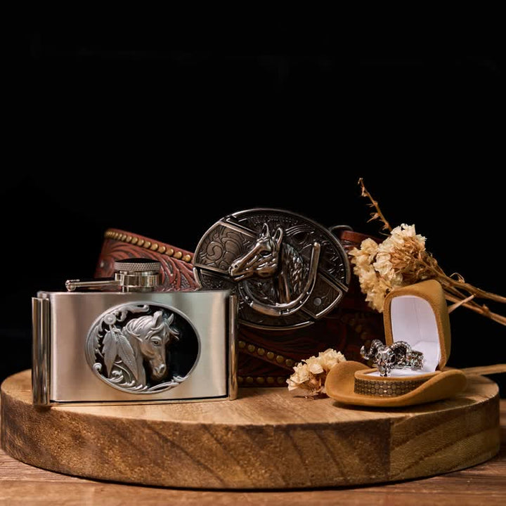 Pferd DIY Verstecktes Messer Gürtelschnalle 3oz. Flachmannschnalle Ziegenring Bundle Set