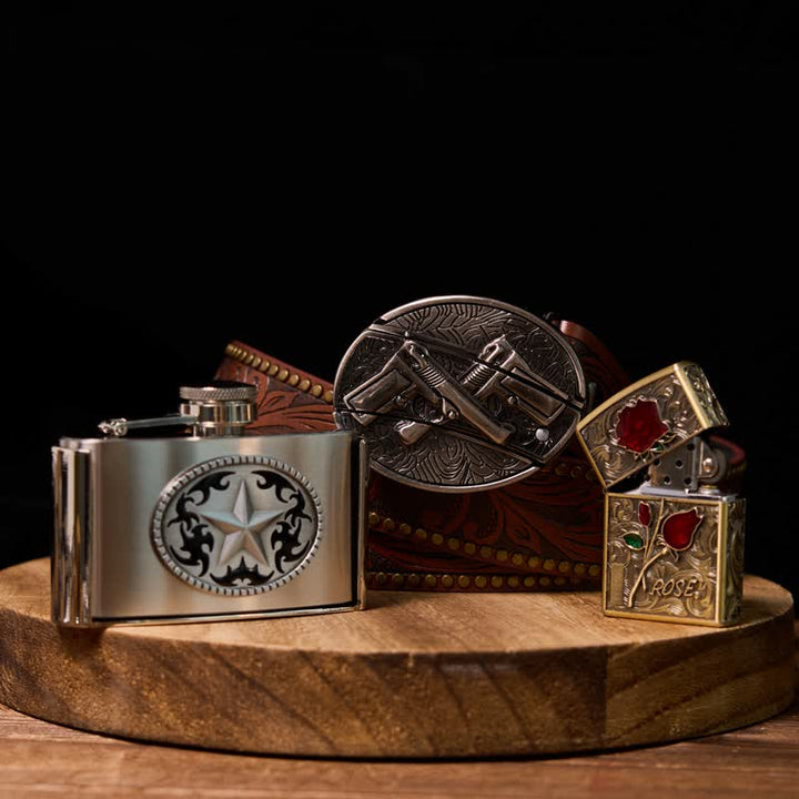 Doppelpistolen DIY Verstecktes Messer Gürtelschnalle Sternflasche Schnalle Rose Feuerzeug Bundle Set