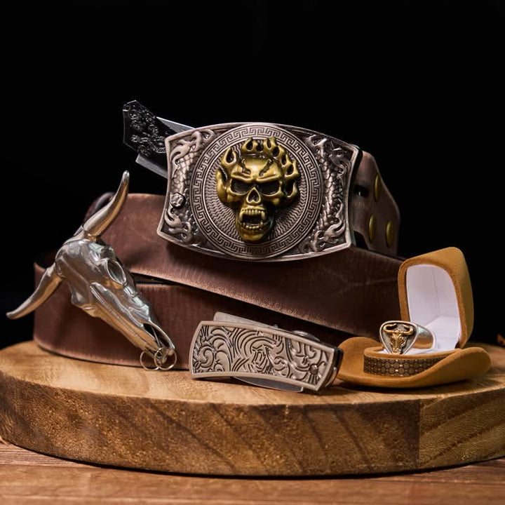 Totenkopf DIY Verstecktes Messer Gürtelschnalle Longhorn Anhänger Bull Ring Bundle Set