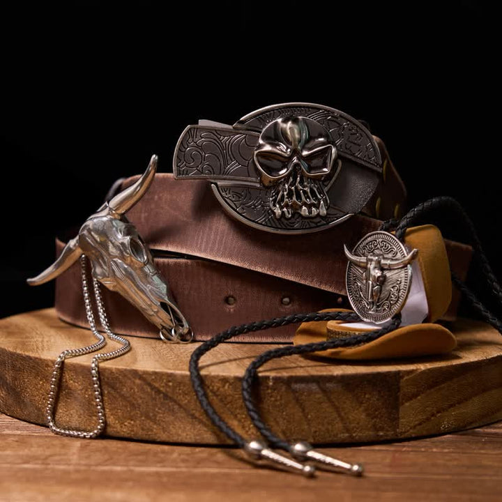 Totenkopf DIY Verstecktes Messer Gürtelschnalle Longhorn Anhänger Kuh Bolo Tie Bundle Set