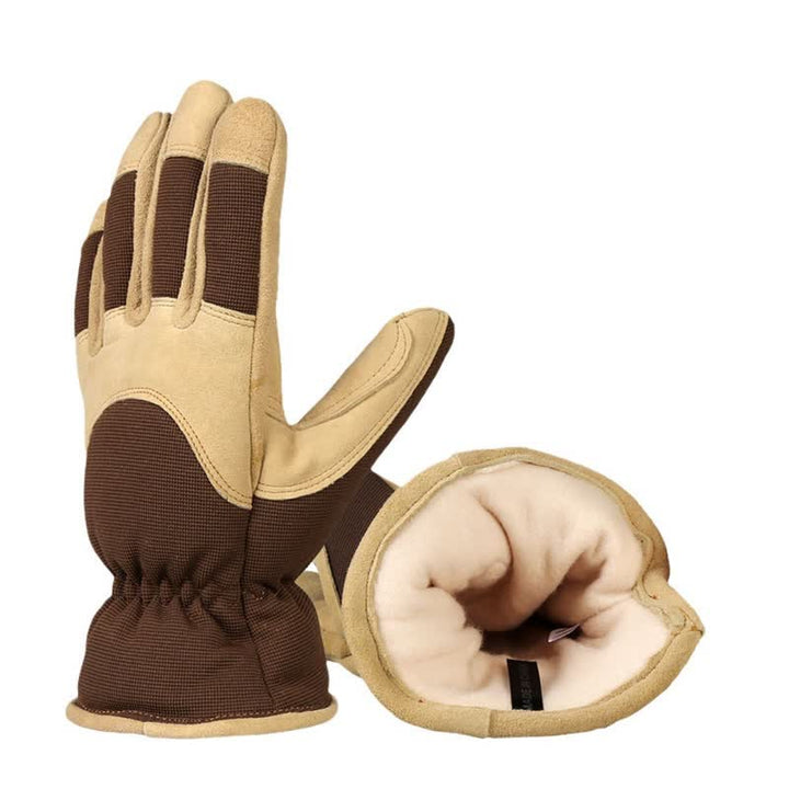 Khakifarbene, kältebeständige, dicke, warme Handschuhe aus Hirschleder