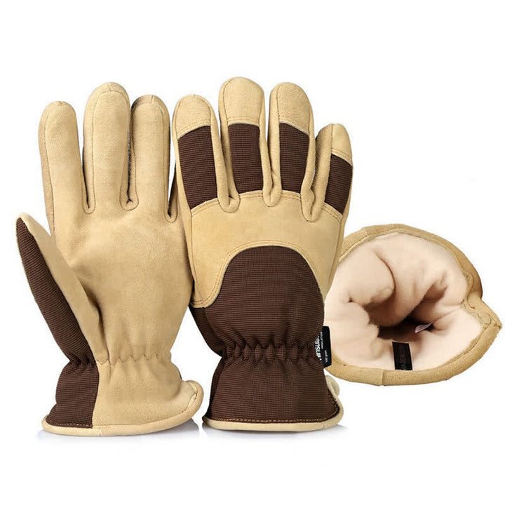Khakifarbene, kältebeständige, dicke, warme Handschuhe aus Hirschleder