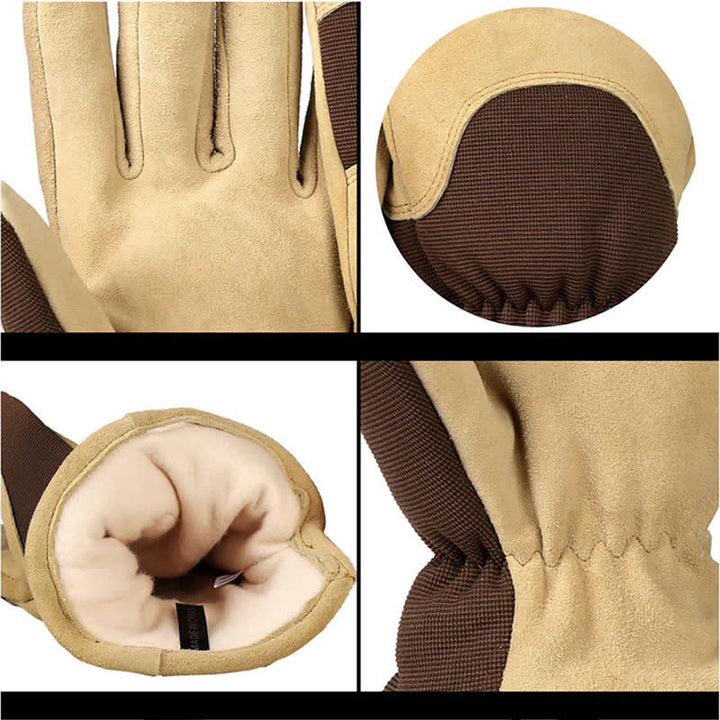 Khakifarbene, kältebeständige, dicke, warme Handschuhe aus Hirschleder