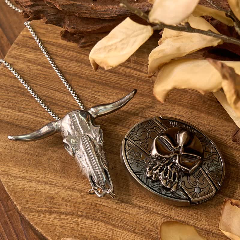 Totenkopf DIY Verstecktes Messer Gürtelschnalle Longhorn Anhänger Kuh Bolo Tie Bundle Set