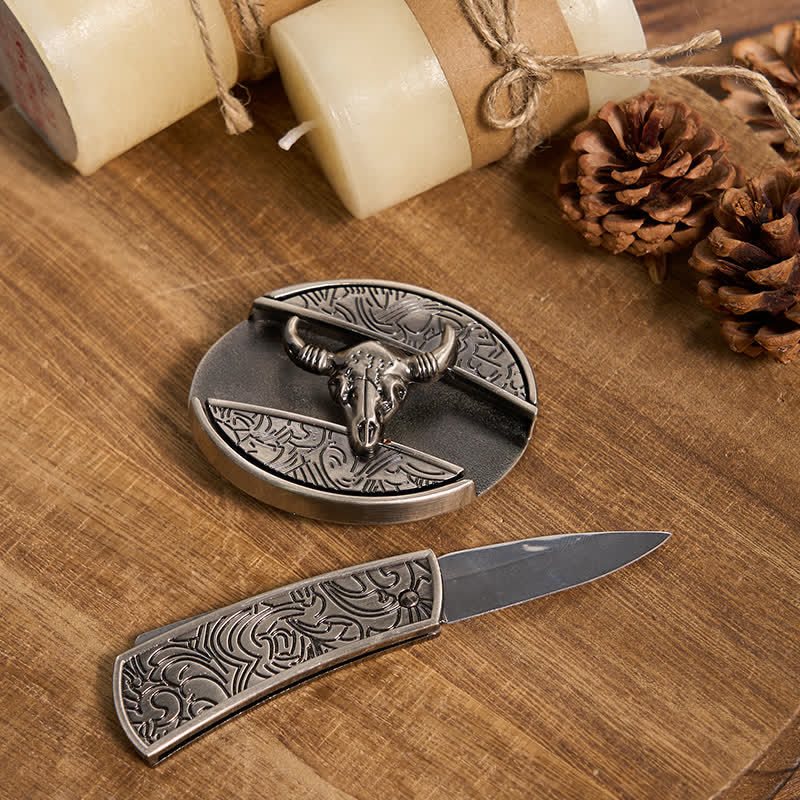 Funktionelle DIY Gürtelschnalle mit verstecktem Messer, Retro-Bullenring-Set