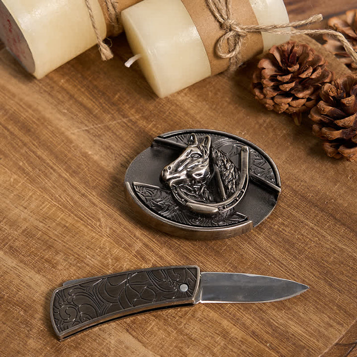 Funktionelle DIY Gürtelschnalle mit verstecktem Messer, Retro-Bullenring-Set