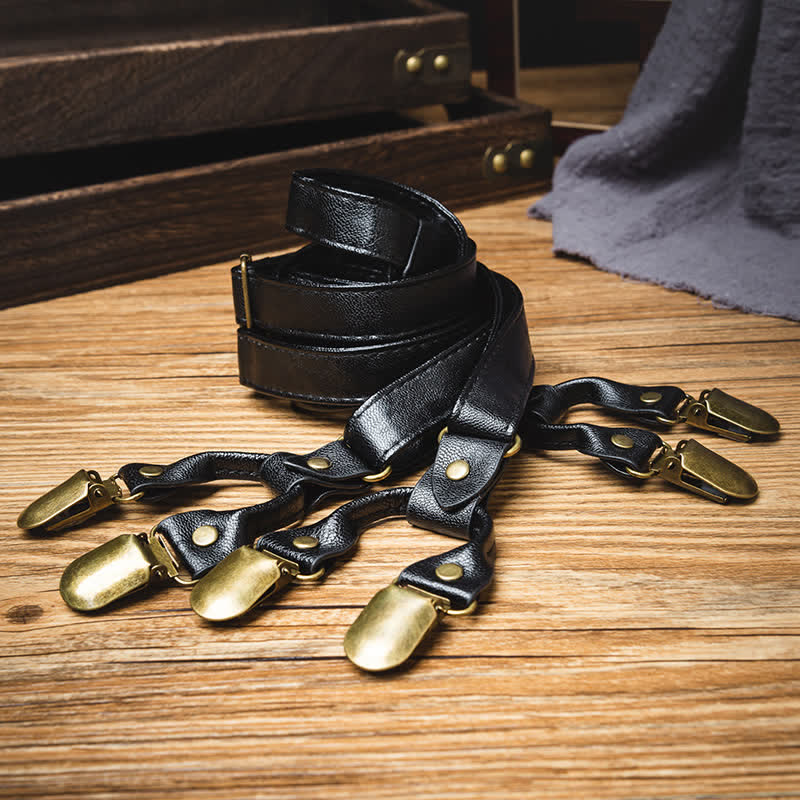 Schwarze Hosenträger aus Retro-Leder mit 6 Clips und Y-Rücken