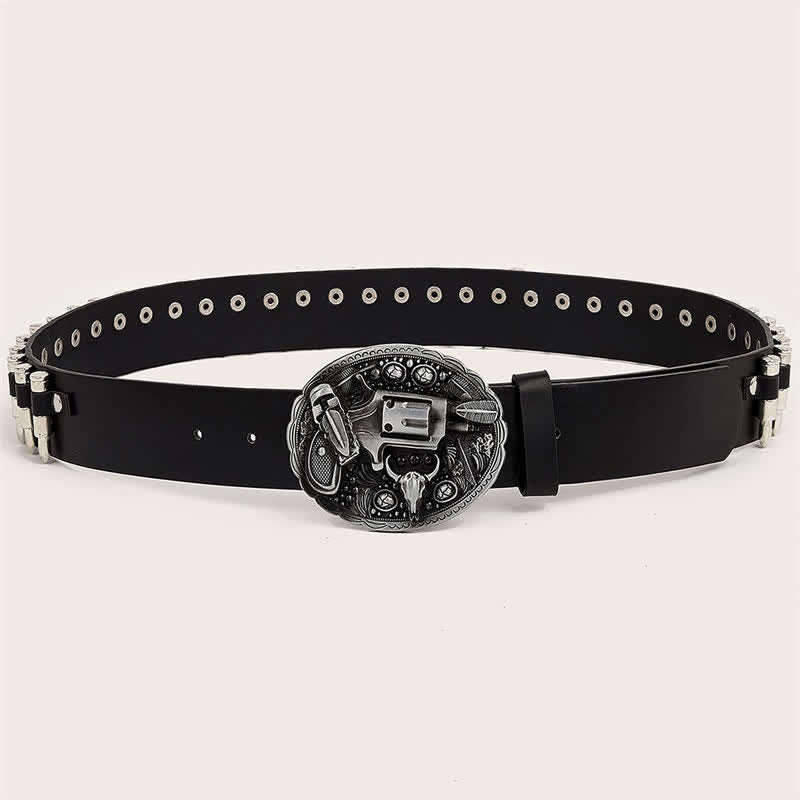 Ledergürtel mit 3D-Waffenaufdruck und Schnalle, Kugeln und Nieten