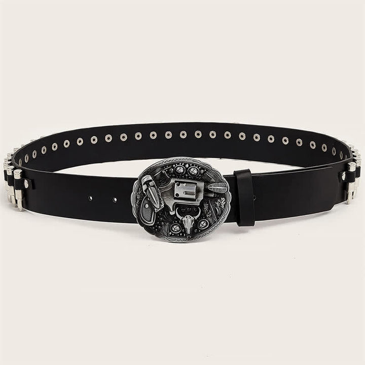 Ledergürtel mit 3D-Waffenaufdruck und Schnalle, Kugeln und Nieten