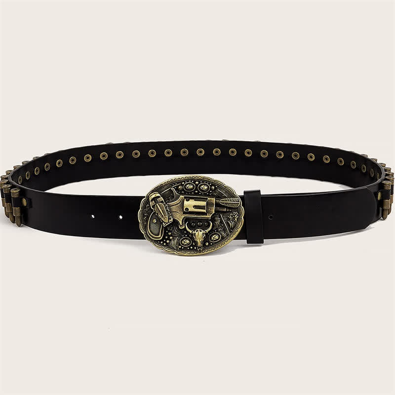 Ledergürtel mit 3D-Waffenaufdruck und Schnalle, Kugeln und Nieten