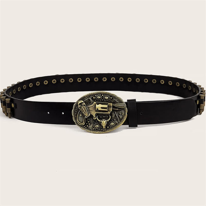 Ledergürtel mit 3D-Waffenaufdruck und Schnalle, Kugeln und Nieten