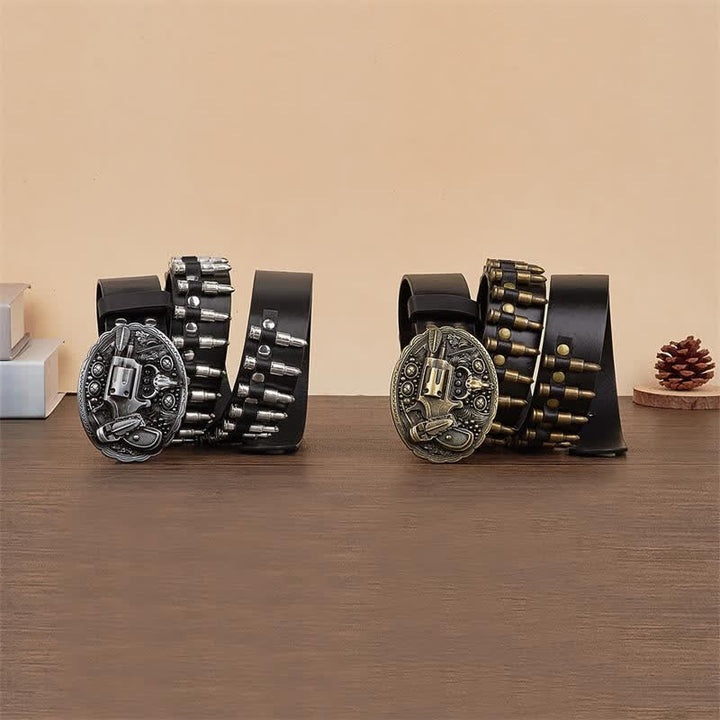 Ledergürtel mit 3D-Waffenaufdruck und Schnalle, Kugeln und Nieten