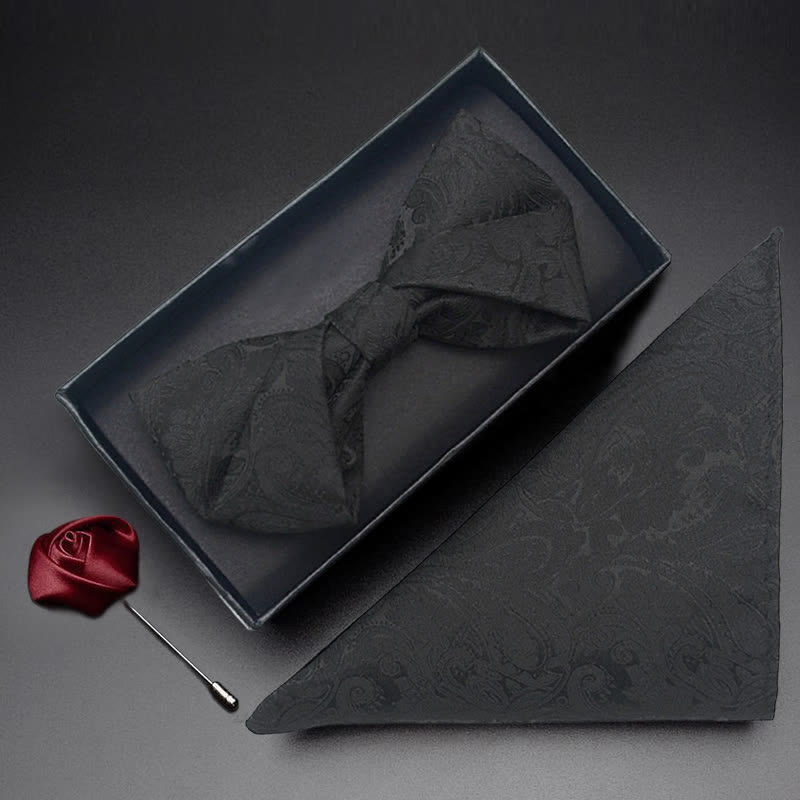 3-teiliges schwarzes Paisley-Ansteckblumen-Fliegenset für Herren