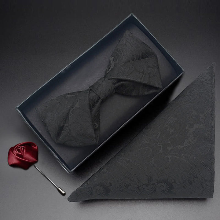 3-teiliges schwarzes Paisley-Ansteckblumen-Fliegenset für Herren