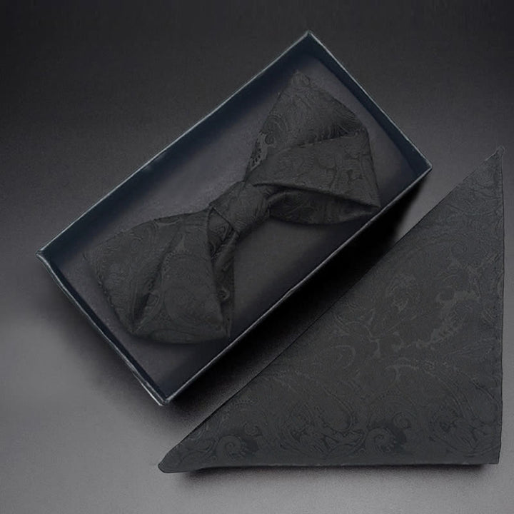 3-teiliges schwarzes Paisley-Ansteckblumen-Fliegenset für Herren