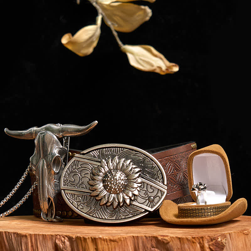 Sonnenblume DIY verstecktes Messer Gürtelschnalle Bull Anhänger Rose Ring Bundle Set
