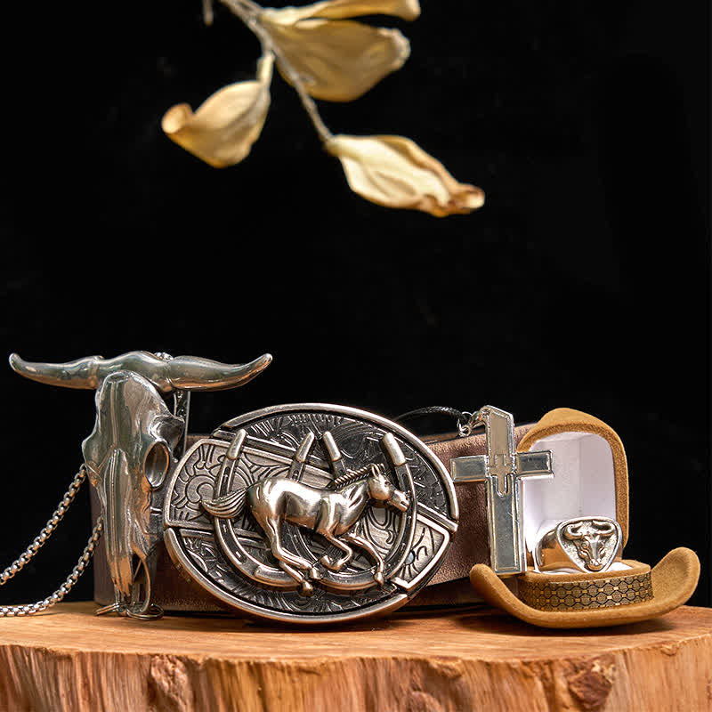 DIY Pferd verstecktes Messer Gürtelschnalle Kreuz Halskette Bull Anhänger Ring Bundle Set