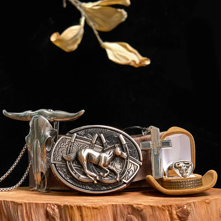 DIY Pferd verstecktes Messer Gürtelschnalle Kreuz Halskette Bull Anhänger Ring Bundle Set
