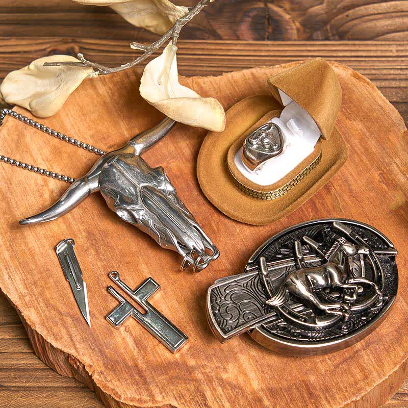 DIY Pferd verstecktes Messer Gürtelschnalle Kreuz Halskette Bull Anhänger Ring Bundle Set