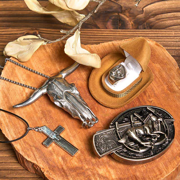 DIY Pferd verstecktes Messer Gürtelschnalle Kreuz Halskette Bull Anhänger Ring Bundle Set