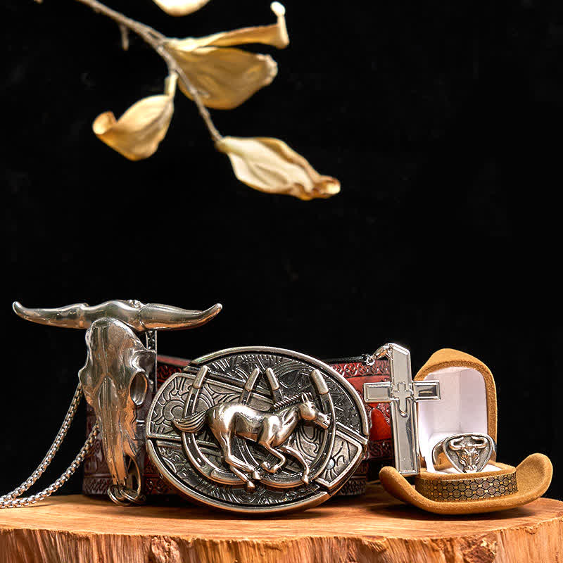 DIY Pferd verstecktes Messer Gürtelschnalle Kreuz Halskette Bull Anhänger Ring Bundle Set