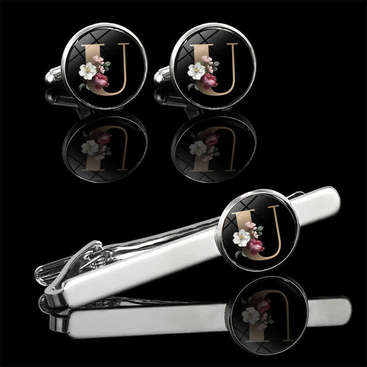 3-teiliges Set mit Krawattenklammer, Brosche und Manschettenknöpfen für Herren mit Blumenmotiv und 26 Großbuchstaben
