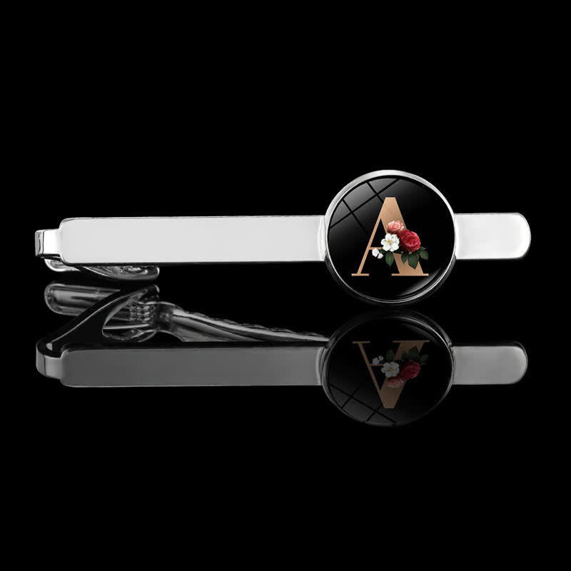 3-teiliges Set mit Krawattenklammer, Brosche und Manschettenknöpfen für Herren mit Blumenmotiv und 26 Großbuchstaben