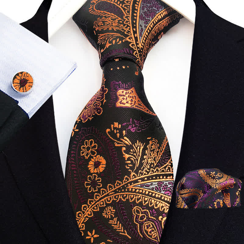 3-teiliges Krawattenset für Herren mit Paisley-Blumenmuster in Orange, Gold und Lila