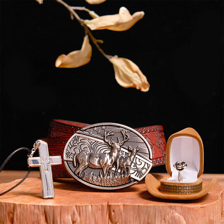 Kreative DIY Hirsch versteckt Messer Gürtelschnalle Kreuz Halskette Rose Ring Bundle Set