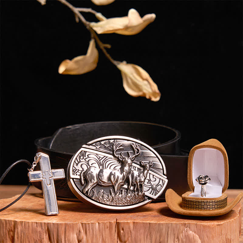Kreative DIY Hirsch versteckt Messer Gürtelschnalle Kreuz Halskette Rose Ring Bundle Set