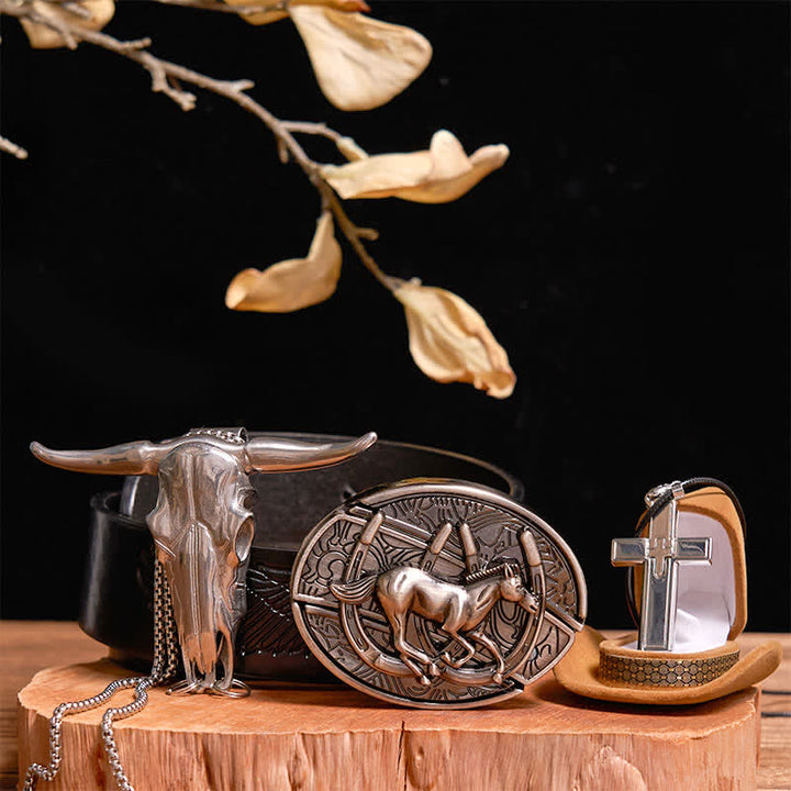 DIY Galoppierendes Pferd Verstecktes Messer Gürtelschnalle Bull Anhänger Kreuz Halskette Bundle Set