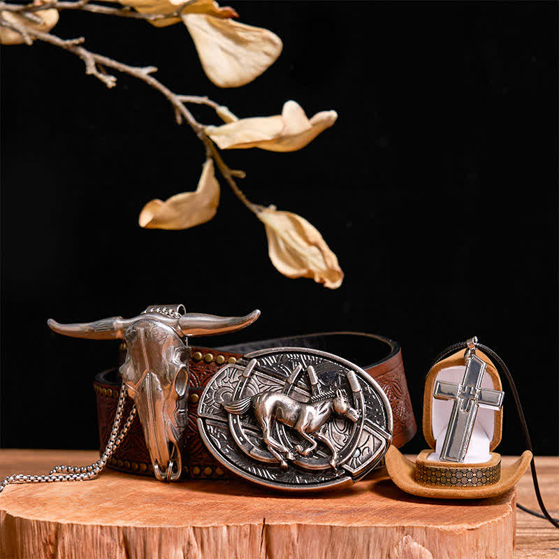 DIY Galoppierendes Pferd Verstecktes Messer Gürtelschnalle Bull Anhänger Kreuz Halskette Bundle Set