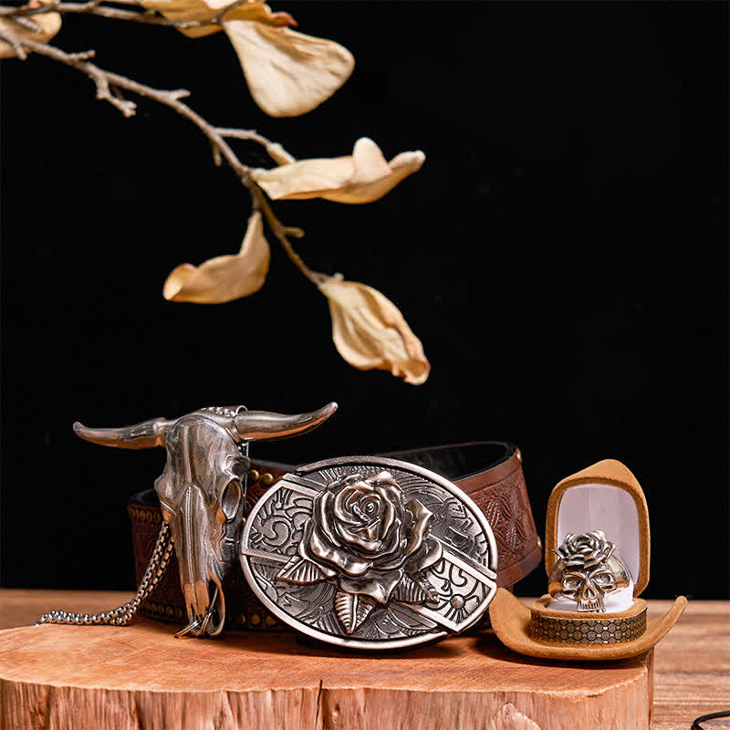 DIY Rose Verstecktes Messer Gürtelschnalle Bull Anhänger Totenkopf & Rose Ring Bundle Set