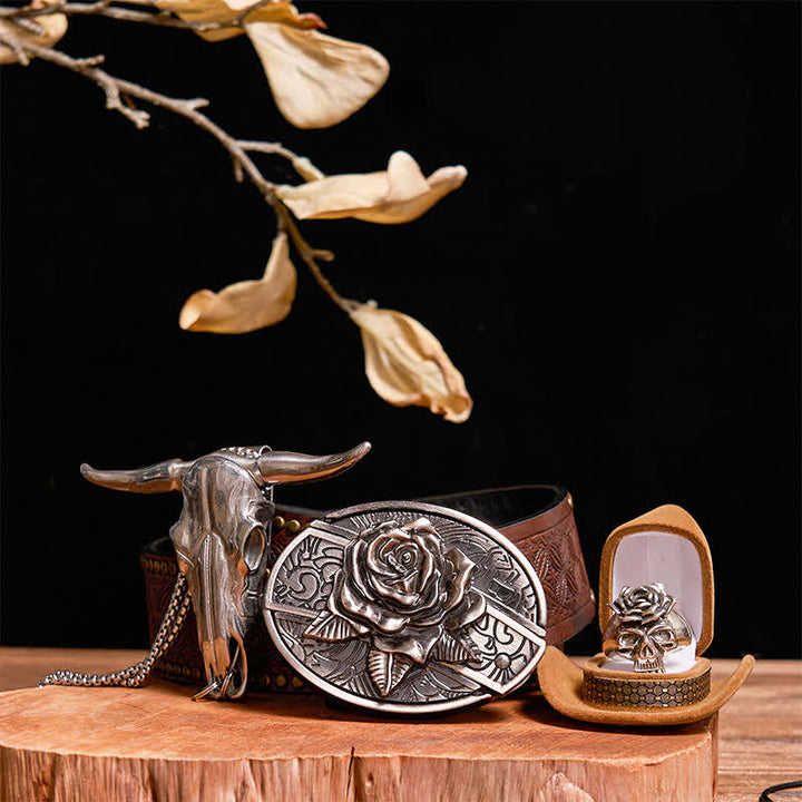 DIY Rose Verstecktes Messer Gürtelschnalle Bull Anhänger Totenkopf & Rose Ring Bundle Set
