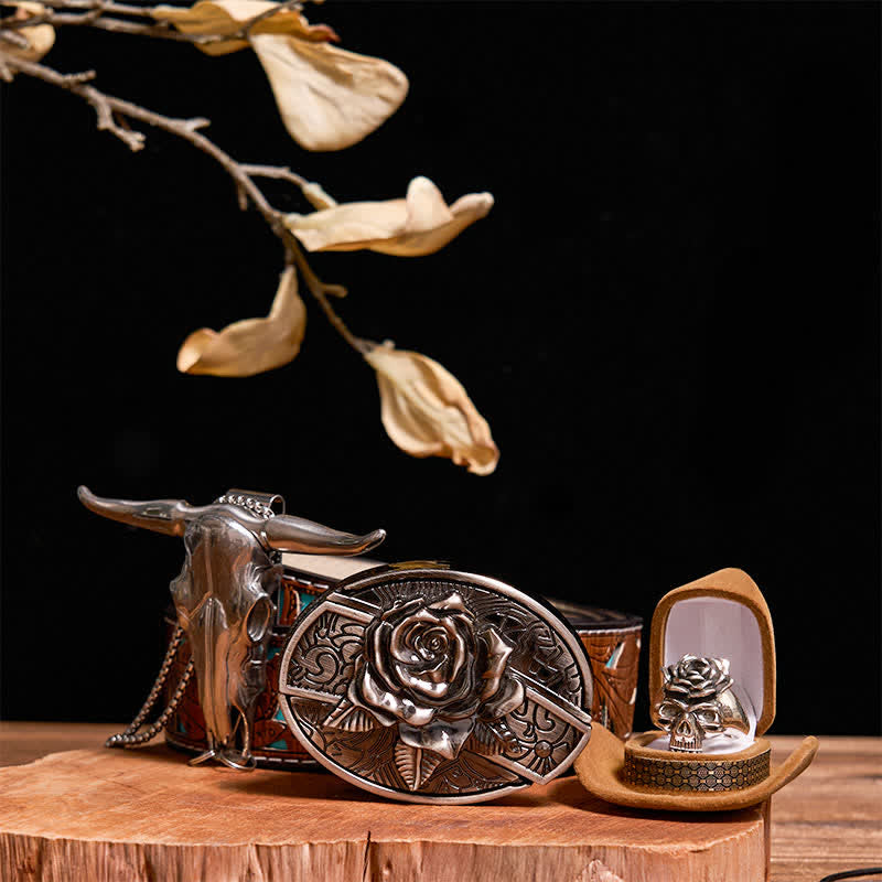 DIY Rose Verstecktes Messer Gürtelschnalle Bull Anhänger Totenkopf & Rose Ring Bundle Set