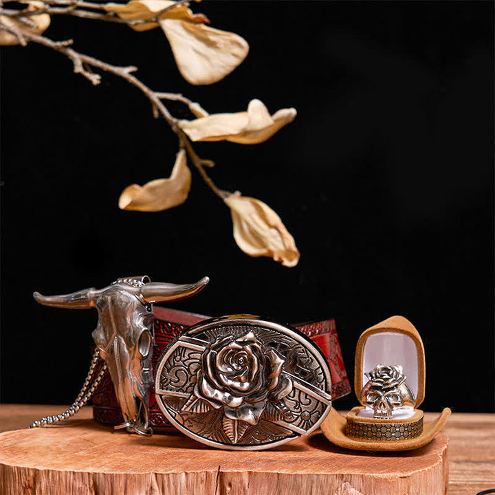 DIY Rose Verstecktes Messer Gürtelschnalle Bull Anhänger Totenkopf & Rose Ring Bundle Set
