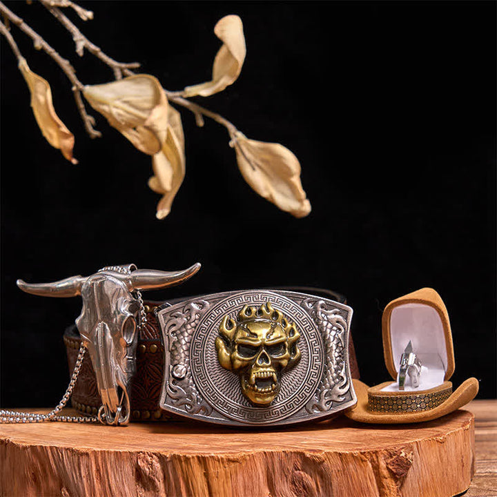 Gold Totenkopf DIY Verstecktes Messer Gürtelschnalle Bull Anhänger Taktischer Ring Bundle Set