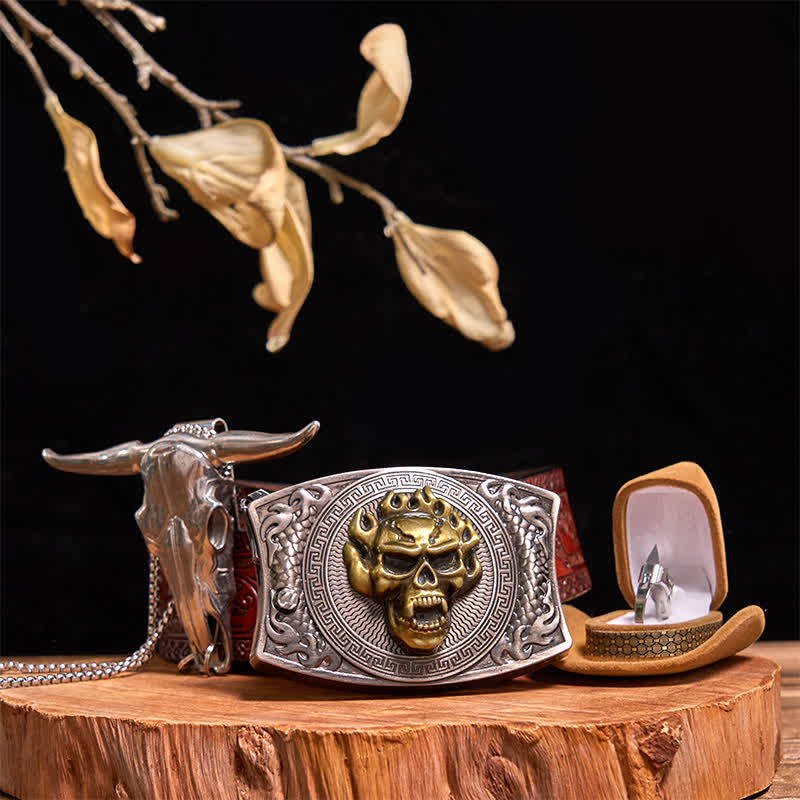 Gold Totenkopf DIY Verstecktes Messer Gürtelschnalle Bull Anhänger Taktischer Ring Bundle Set