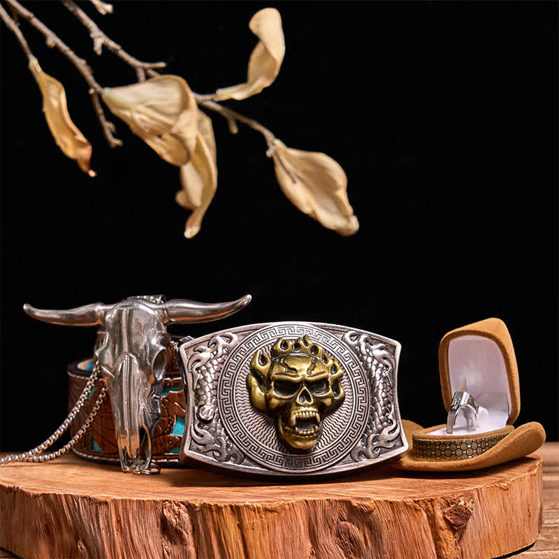 Gold Totenkopf DIY Verstecktes Messer Gürtelschnalle Bull Anhänger Taktischer Ring Bundle Set