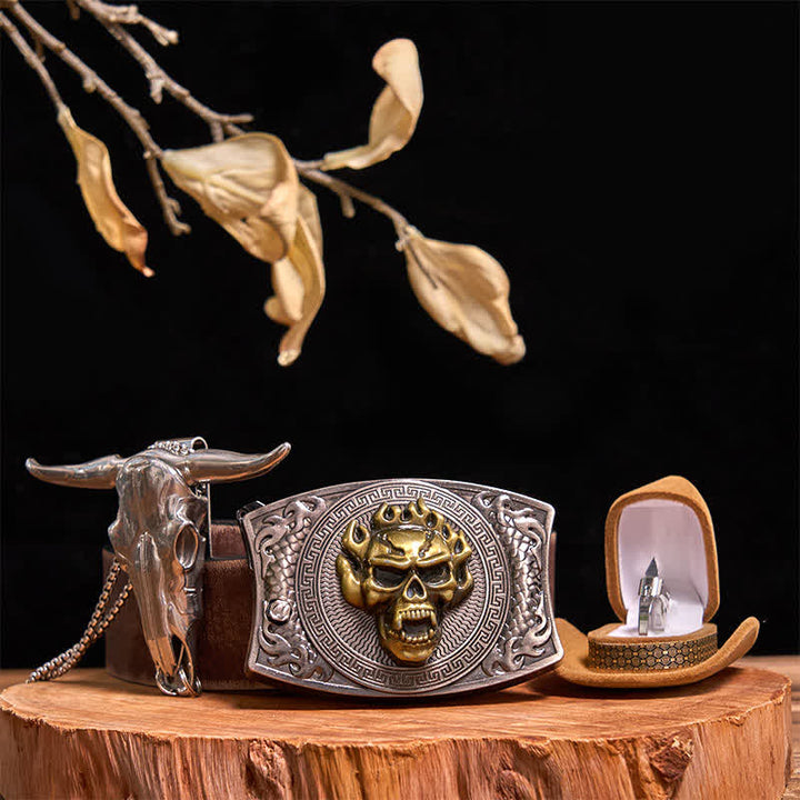 Gold Totenkopf DIY Verstecktes Messer Gürtelschnalle Bull Anhänger Taktischer Ring Bundle Set