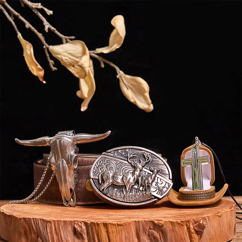 Dual Hirsche DIY versteckte Messer Gürtelschnalle Bull Anhänger kreative Kreuz Halskette Bundle Set