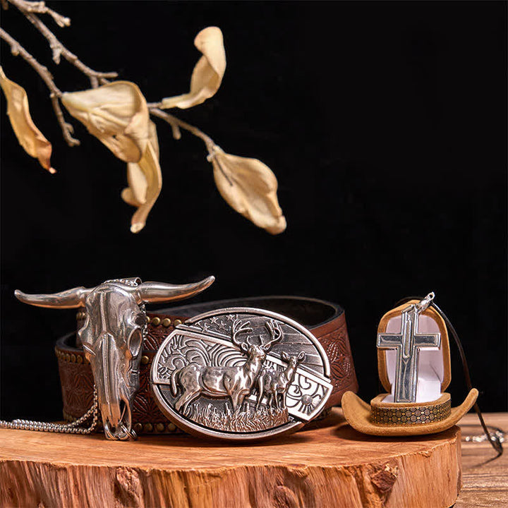 Dual Hirsche DIY versteckte Messer Gürtelschnalle Bull Anhänger kreative Kreuz Halskette Bundle Set