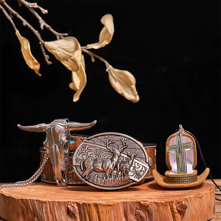 Dual Hirsche DIY versteckte Messer Gürtelschnalle Bull Anhänger kreative Kreuz Halskette Bundle Set