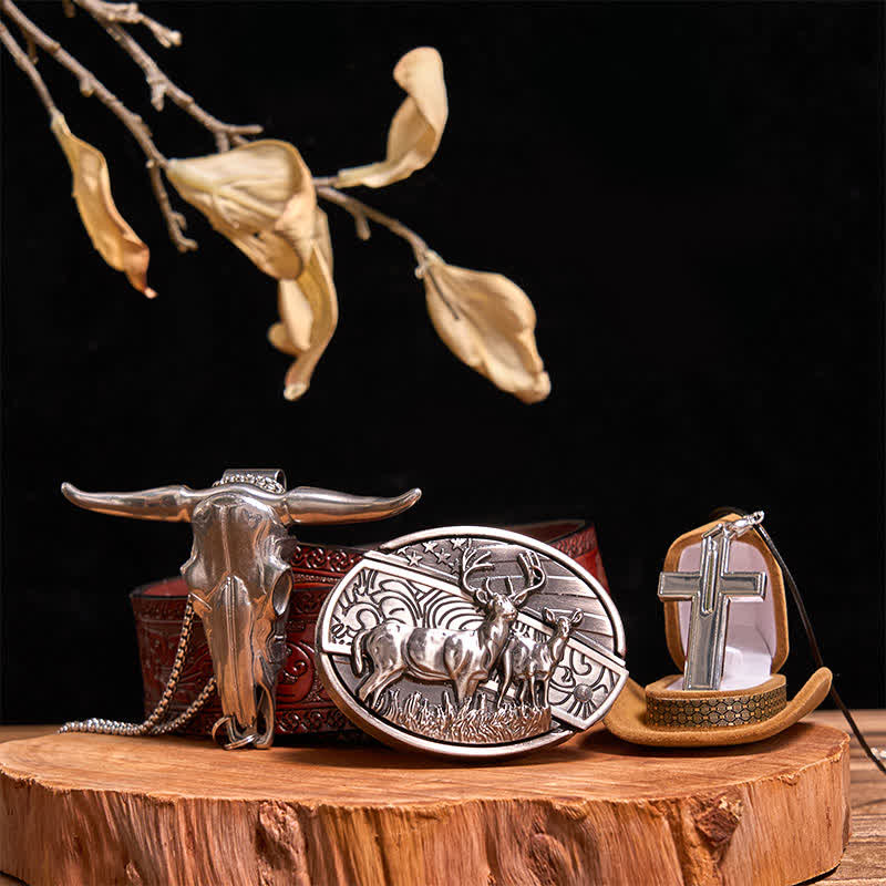 Dual Hirsche DIY versteckte Messer Gürtelschnalle Bull Anhänger kreative Kreuz Halskette Bundle Set