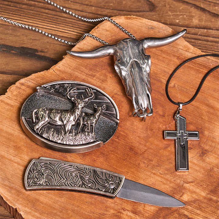 Dual Hirsche DIY versteckte Messer Gürtelschnalle Bull Anhänger kreative Kreuz Halskette Bundle Set