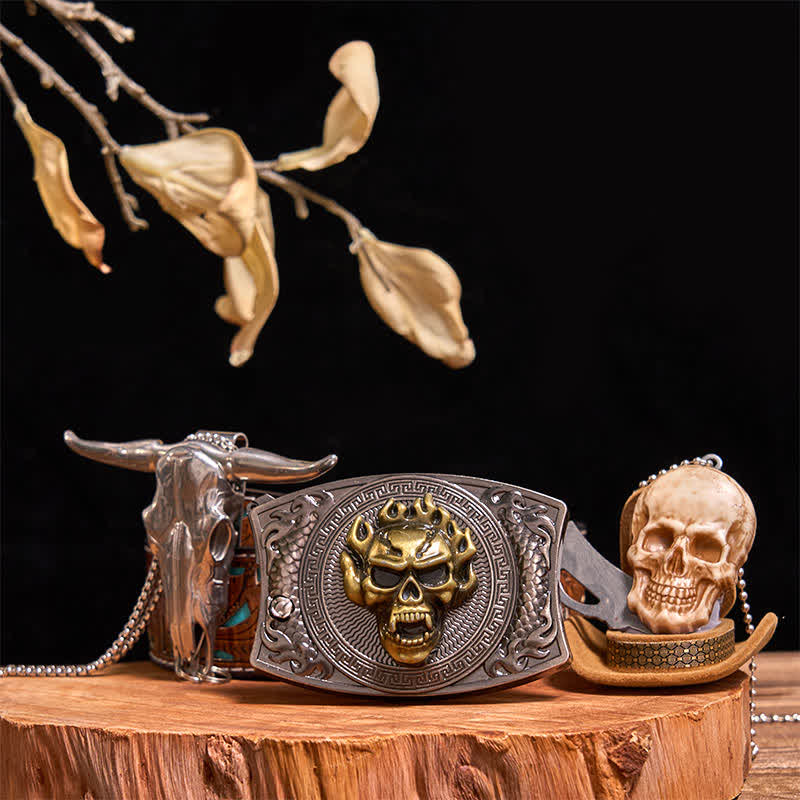 Gold Totenkopf DIY Verstecktes Messer Gürtelschnalle Bull Anhänger Totenkopf Kopf Halskette Bundle Set